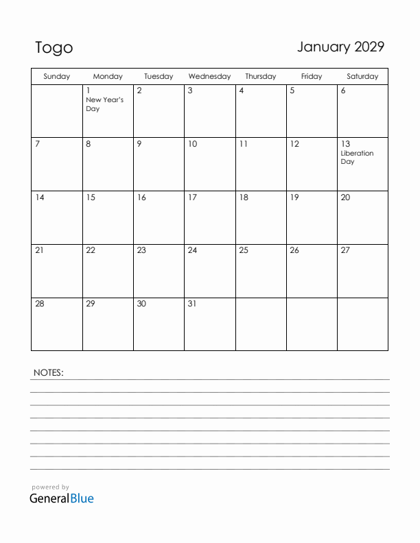 January 2029 Togo Calendar with Holidays (Sunday Start)