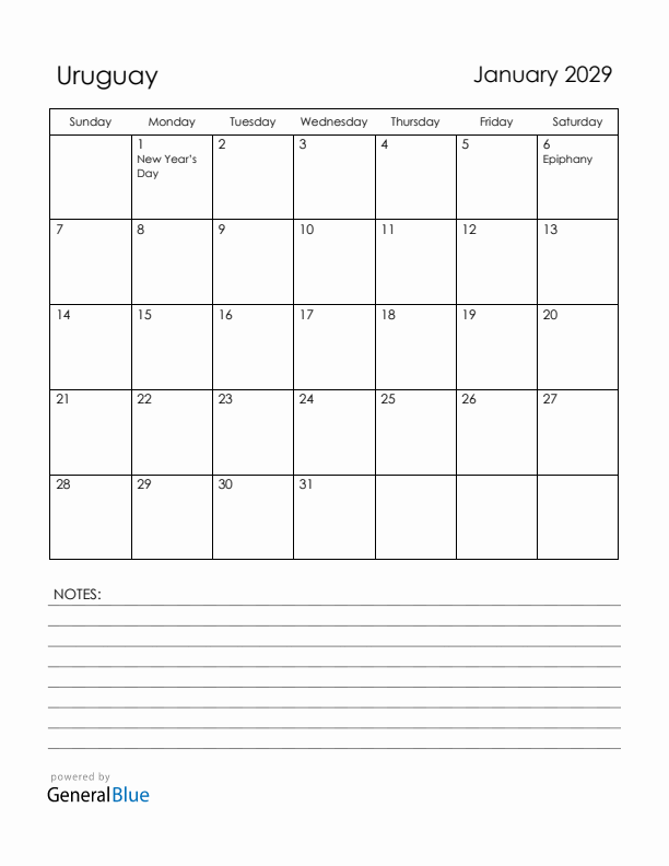 January 2029 Uruguay Calendar with Holidays (Sunday Start)