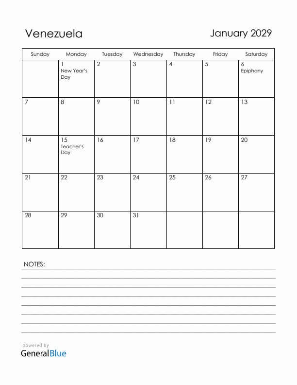 January 2029 Venezuela Calendar with Holidays (Sunday Start)