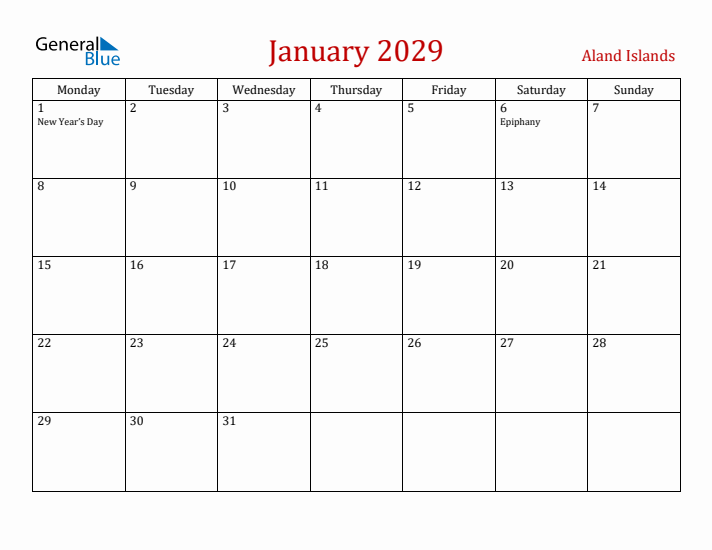 Aland Islands January 2029 Calendar - Monday Start