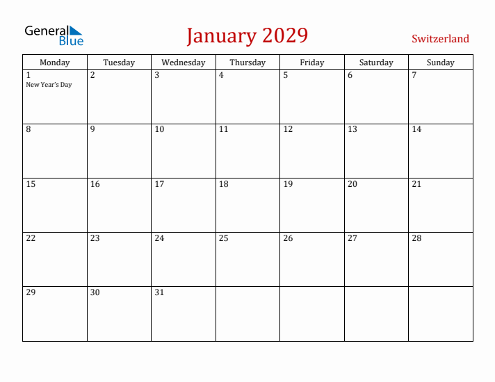 Switzerland January 2029 Calendar - Monday Start