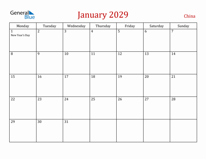 China January 2029 Calendar - Monday Start