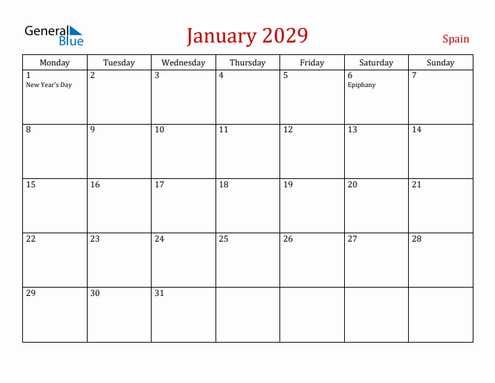 Spain January 2029 Calendar - Monday Start