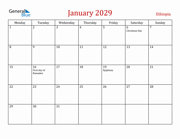 Ethiopia January 2029 Calendar - Monday Start