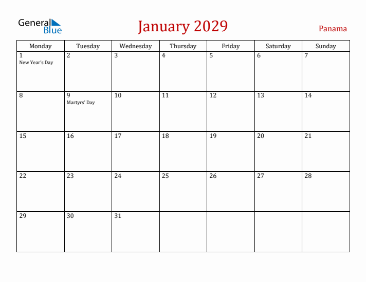 Panama January 2029 Calendar - Monday Start