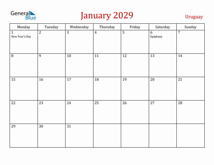 Uruguay January 2029 Calendar - Monday Start