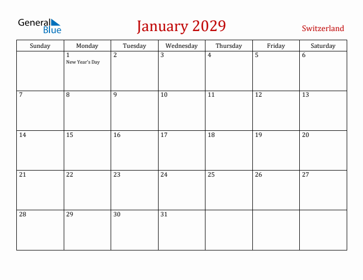 Switzerland January 2029 Calendar - Sunday Start