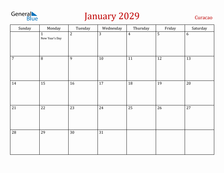 Curacao January 2029 Calendar - Sunday Start