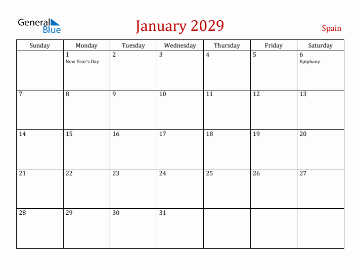 Spain January 2029 Calendar - Sunday Start