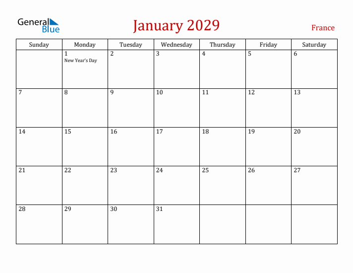 France January 2029 Calendar - Sunday Start