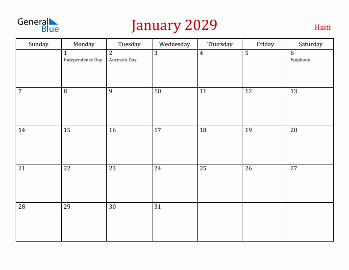 Haiti January 2029 Calendar - Sunday Start