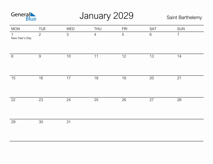 Printable January 2029 Calendar for Saint Barthelemy