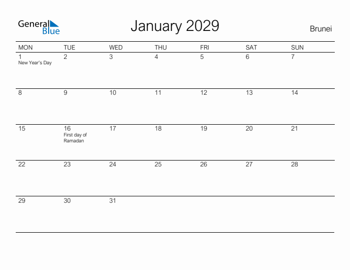 Printable January 2029 Calendar for Brunei