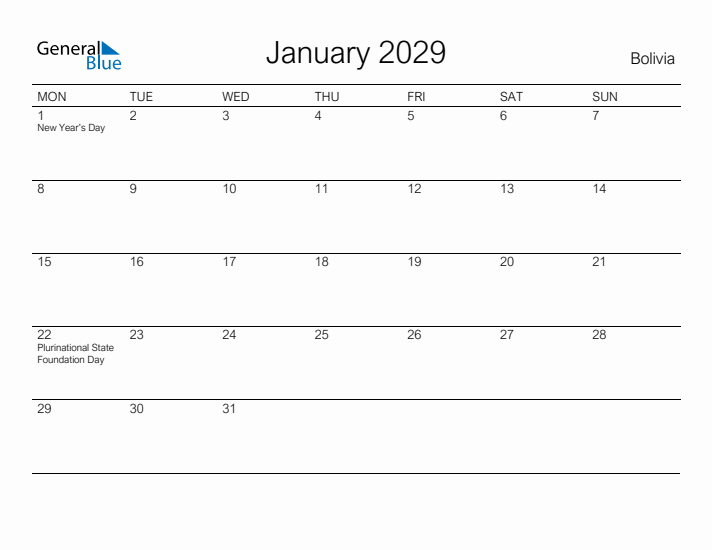 Printable January 2029 Calendar for Bolivia