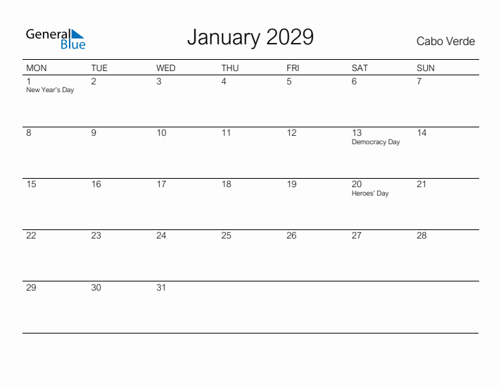 Printable January 2029 Calendar for Cabo Verde