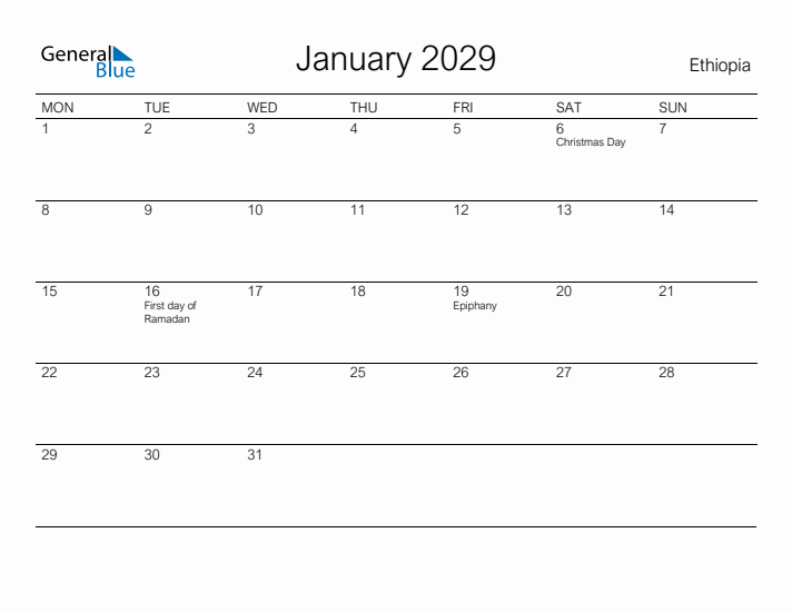 Printable January 2029 Calendar for Ethiopia