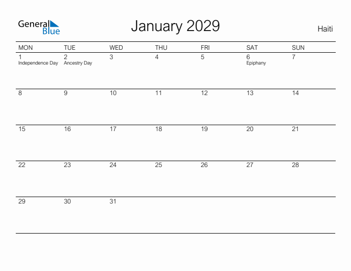 Printable January 2029 Calendar for Haiti