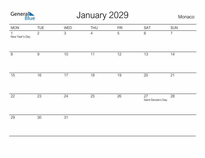 Printable January 2029 Calendar for Monaco