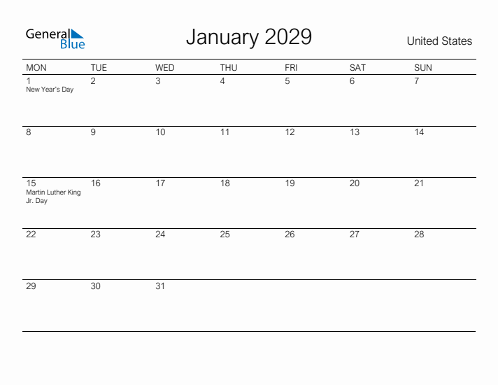 Printable January 2029 Calendar for United States