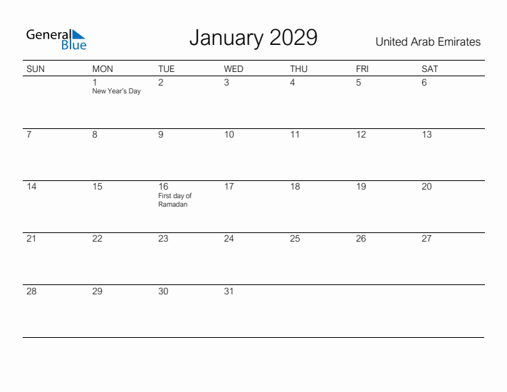 Printable January 2029 Calendar for United Arab Emirates