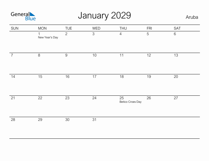 Printable January 2029 Calendar for Aruba