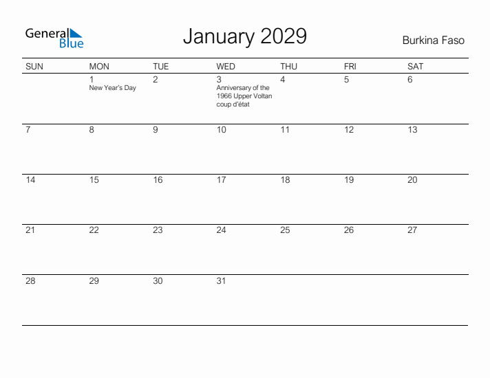 Printable January 2029 Calendar for Burkina Faso