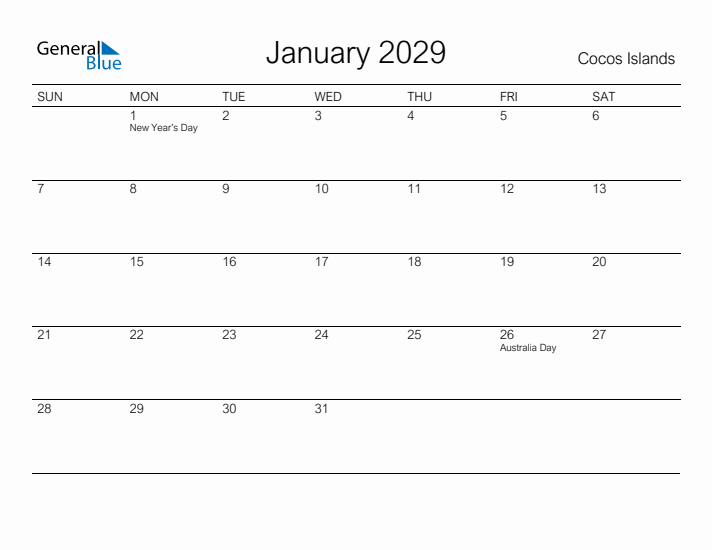 Printable January 2029 Calendar for Cocos Islands