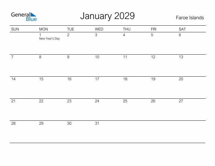 Printable January 2029 Calendar for Faroe Islands