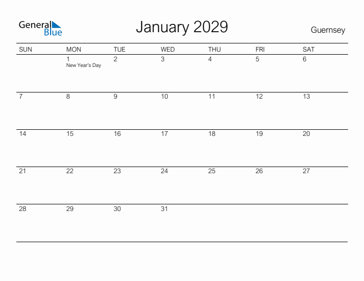 Printable January 2029 Calendar for Guernsey