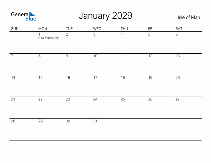 Printable January 2029 Calendar for Isle of Man