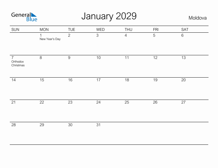 Printable January 2029 Calendar for Moldova