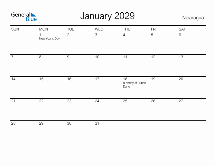 Printable January 2029 Calendar for Nicaragua