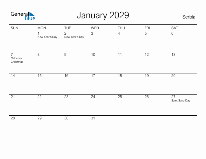 Printable January 2029 Calendar for Serbia