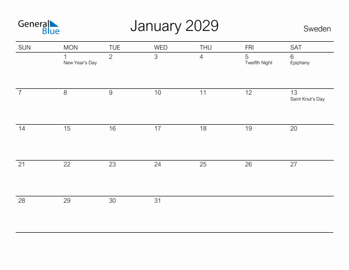 Printable January 2029 Calendar for Sweden