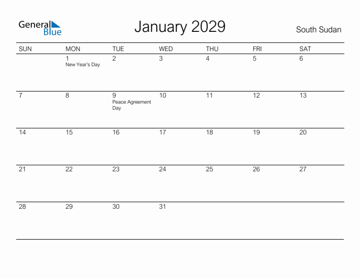 Printable January 2029 Calendar for South Sudan