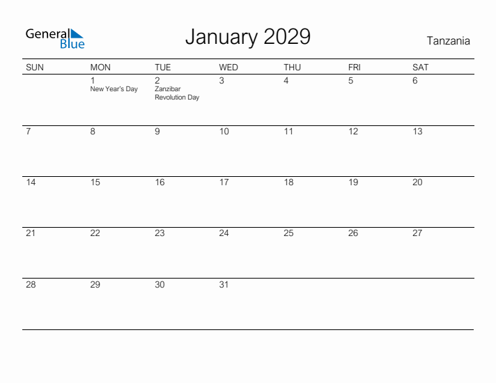 Printable January 2029 Calendar for Tanzania