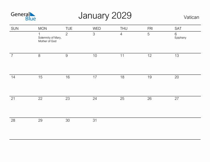 Printable January 2029 Calendar for Vatican