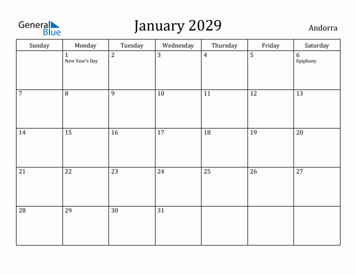 January 2029 Calendar Andorra