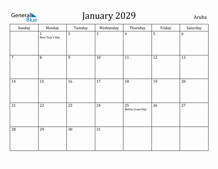 January 2029 Calendar Aruba