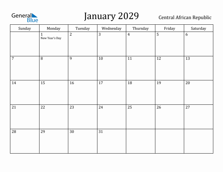 January 2029 Calendar Central African Republic