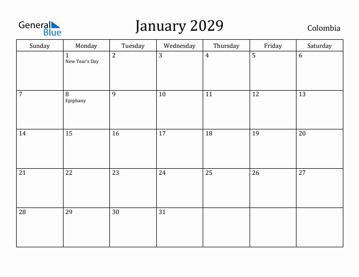 January 2029 Calendar Colombia