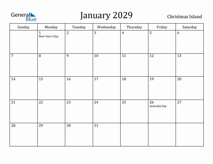 January 2029 Calendar Christmas Island