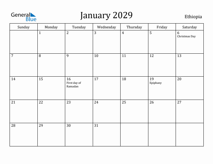 January 2029 Calendar Ethiopia