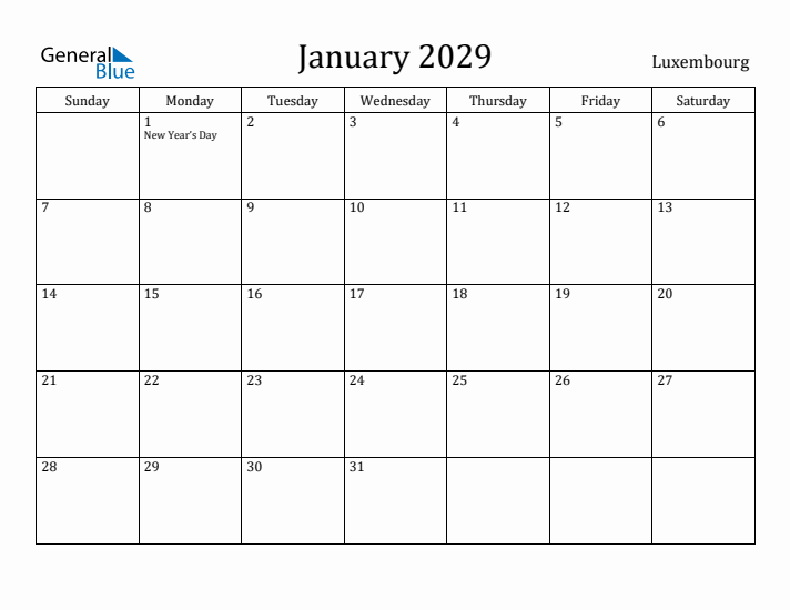 January 2029 Calendar Luxembourg