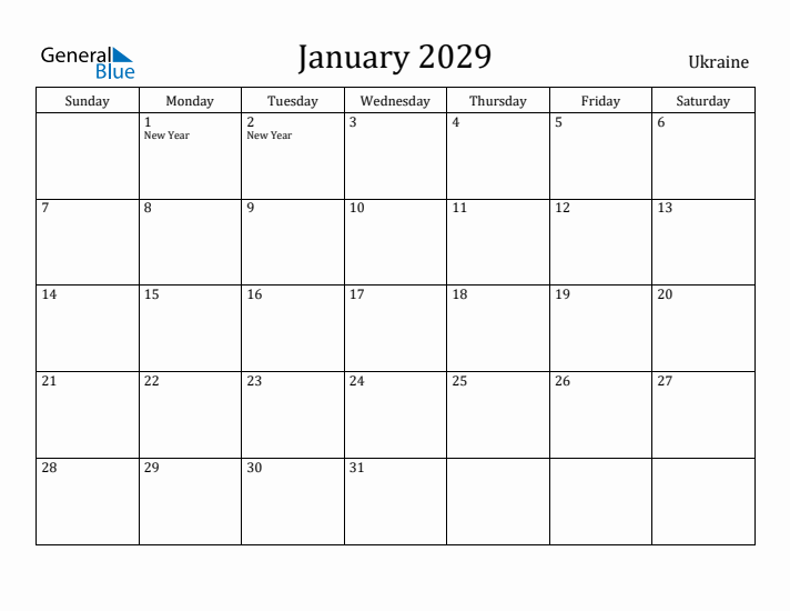 January 2029 Calendar Ukraine