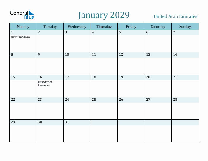 January 2029 Calendar with Holidays