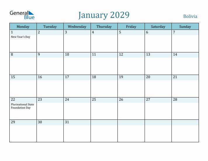 January 2029 Calendar with Holidays