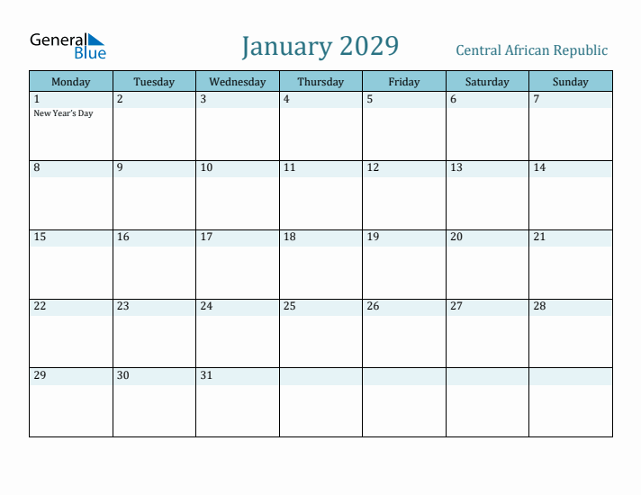 January 2029 Calendar with Holidays