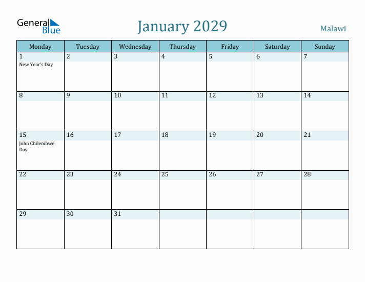 January 2029 Calendar with Holidays