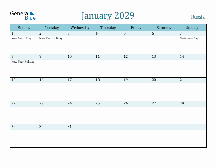 January 2029 Calendar with Holidays